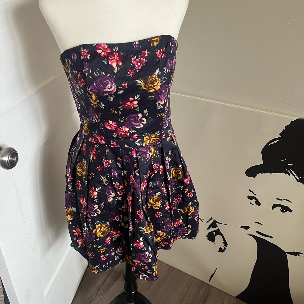Floral Strapless Dress - Black with Purple and Gold Accents